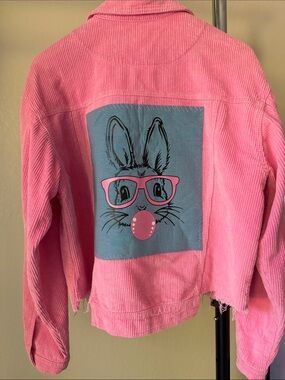POL Clothing Pink Corduroy Patched Shacket Cropped Bunny Rabbit Glasses Size L